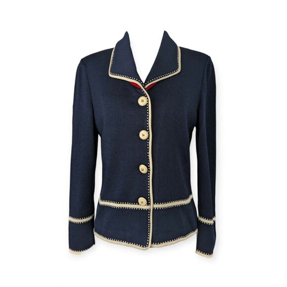 ST JOHN COLLECTION By Marie Gray Blk Navy Knit Jacket ~ red cream accents ~ SZ 2 - Picture 1 of 11